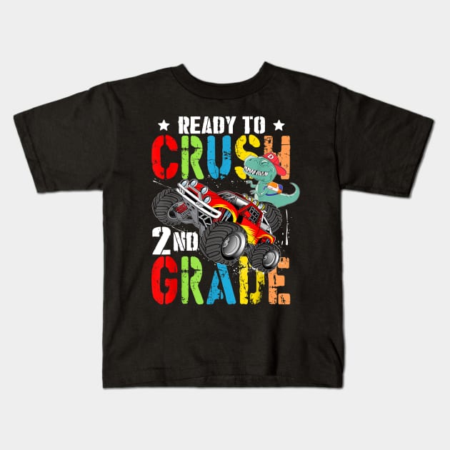 2nd Grade Dinosaur Monster Truck Back to School Boy Kids T-Shirt by FONSbually